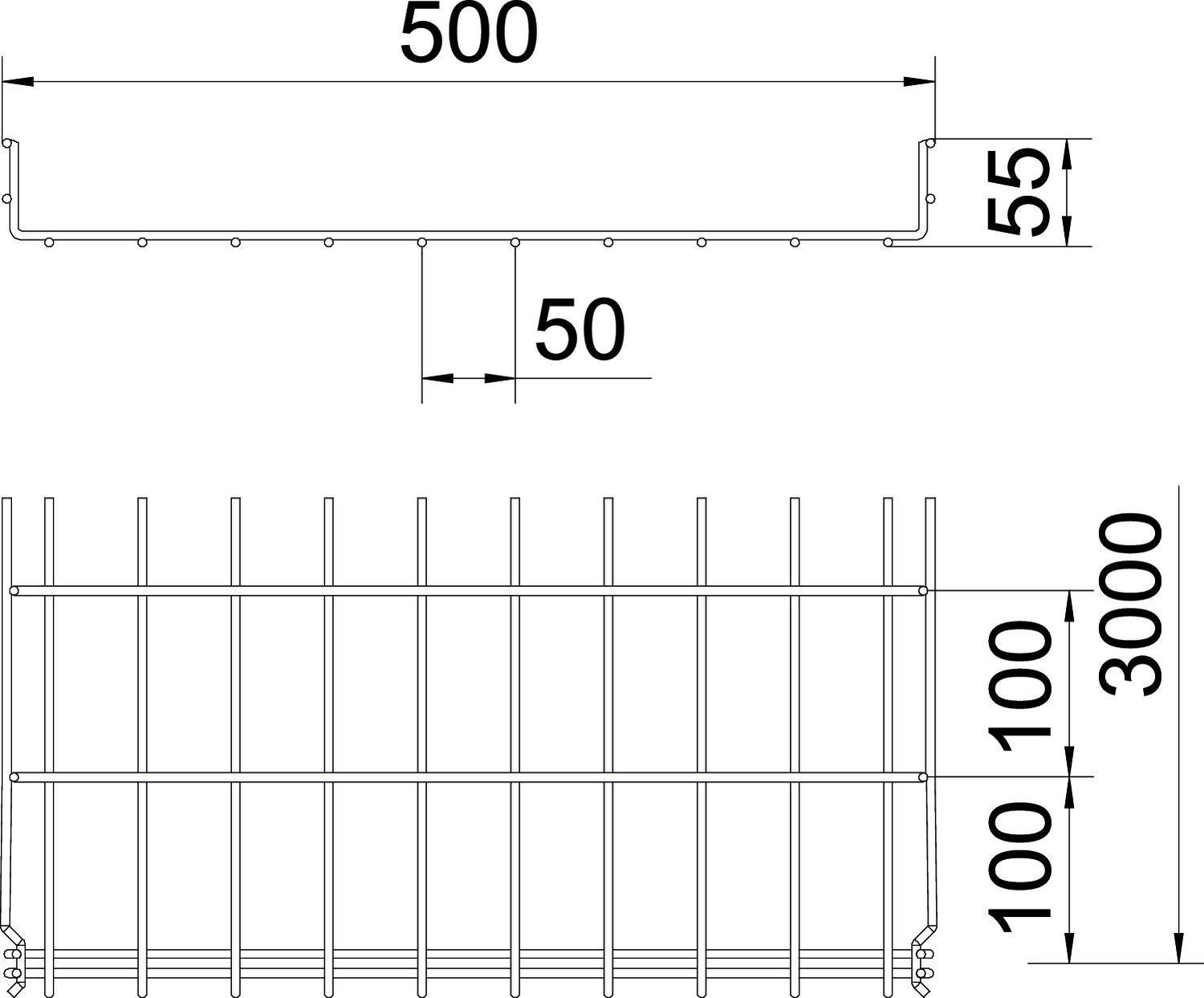 Technische Zeichnung eines Geländers mit Maßen: Breite 500 mm, Höhe 55 mm, Abstand zwischen Stäben 100 mm, Länge des Geländers 3000 mm.
