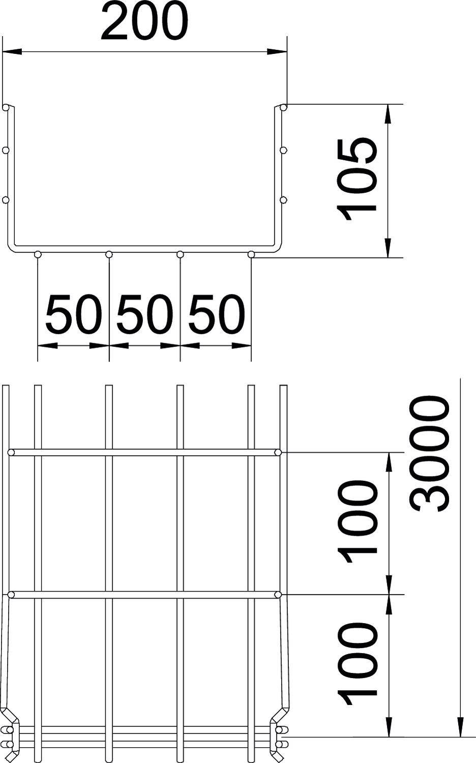 Technische Zeichnung: Querschnitt eines Metallgitters mit Maßen 200x105 mm für die Oberseite, vertikale Gitterstäbe 50 mm Abstand, Gesamthöhe 3000 mm.