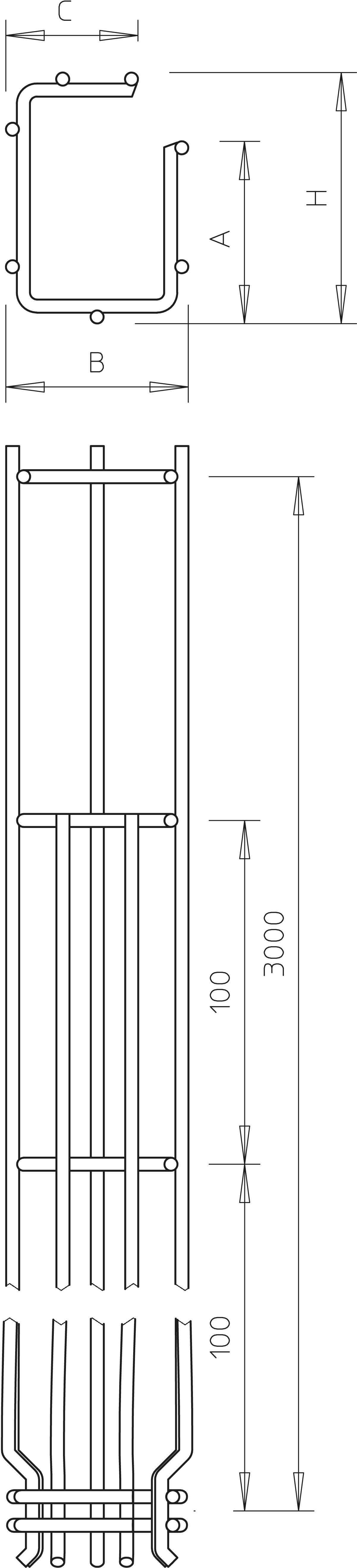 Technische Zeichnung eines Metallprofils mit Abmessungen: Höhe 3000 mm, Breite 100 mm, Innenmaße A und B. Seiten- und Draufsicht dargestellt.