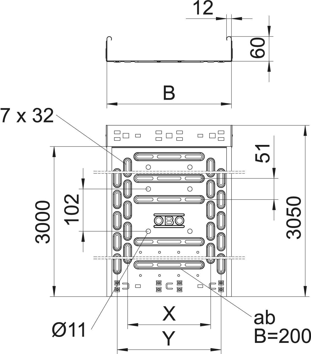 Technische Zeichnung eines Metallprofils mit Maßen: Höhe 3050 mm, Breite B=200 mm, Tiefe 60 mm, Lochdurchmesser Ø11 mm.