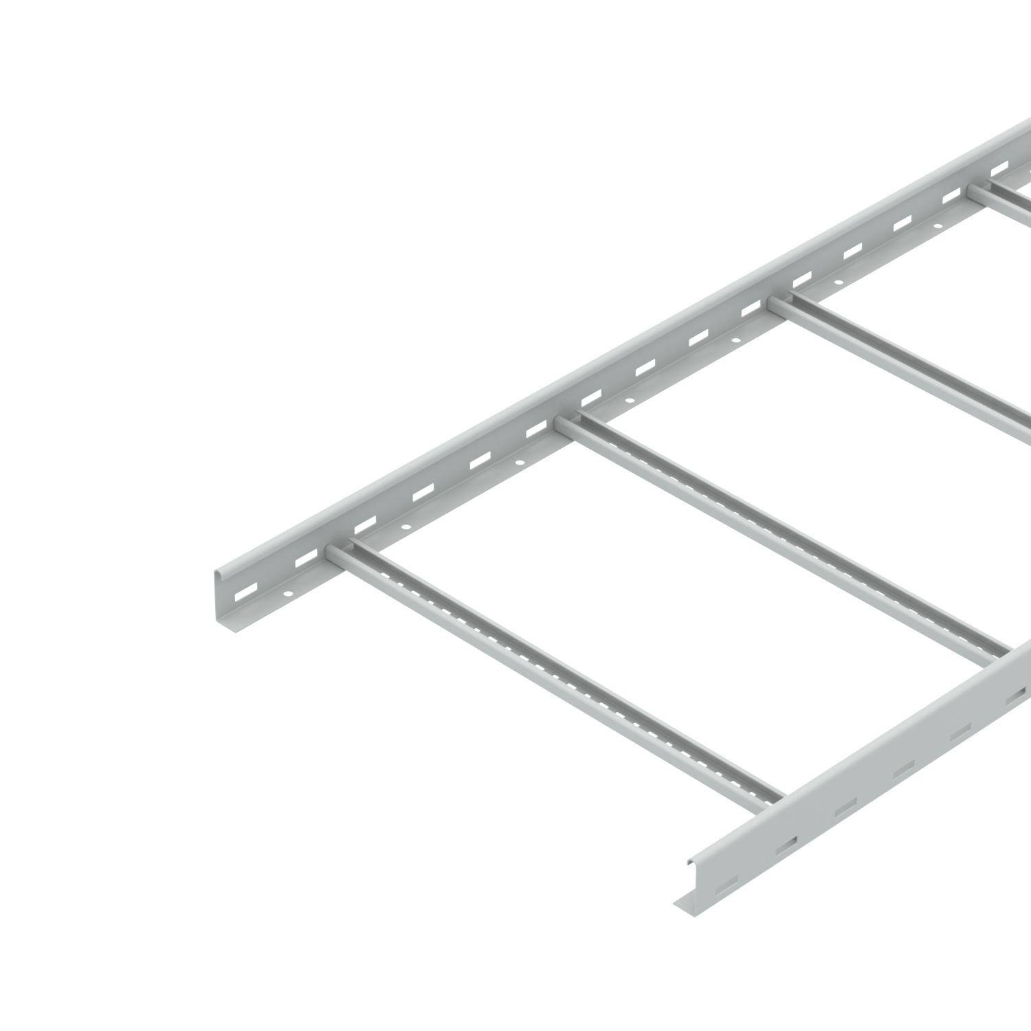 Ein graues Metallkabelrinnensystem mit seitlichen Löchern und Querstreben zur Kabelführung in industriellen Umgebungen.