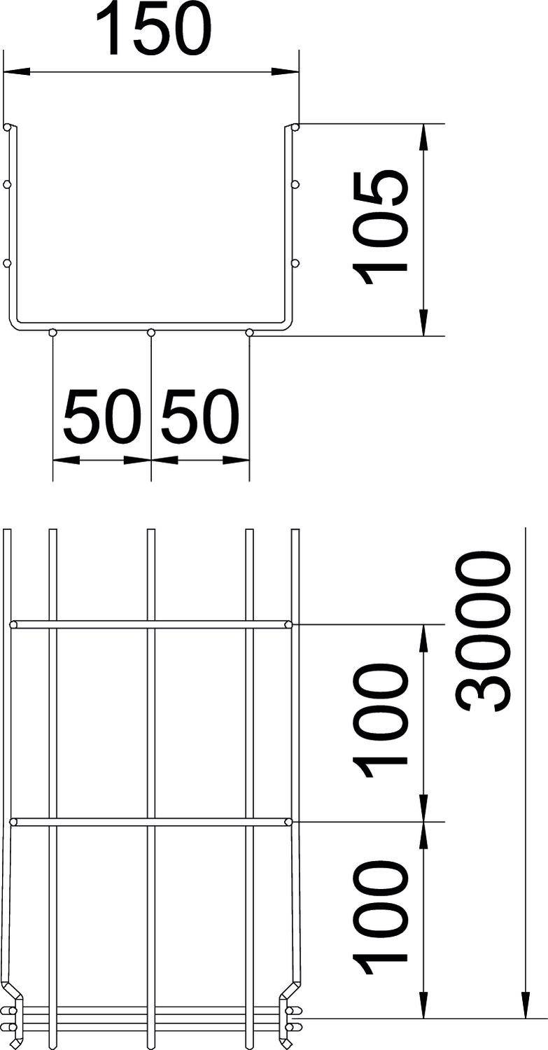 Technische Zeichnung einer Metallstruktur mit Abmessungen: Breite 150 mm, Höhe 105 mm oben, mit vertikalen Stäben von 3000 mm Länge.