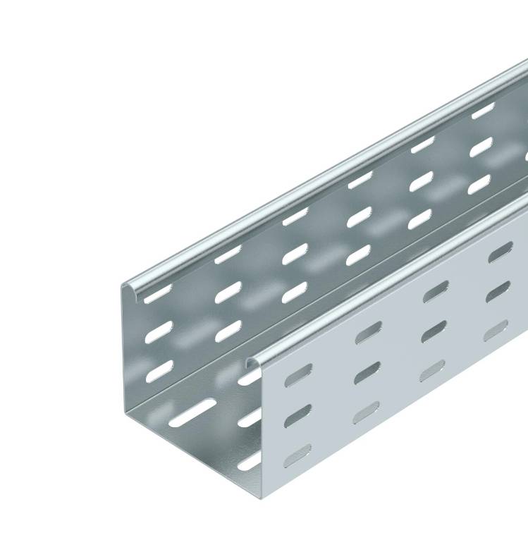 Metallschiene mit Löchern, typischerweise zur Kabelführung in industriellen oder baulichen Anwendungen verwendet.