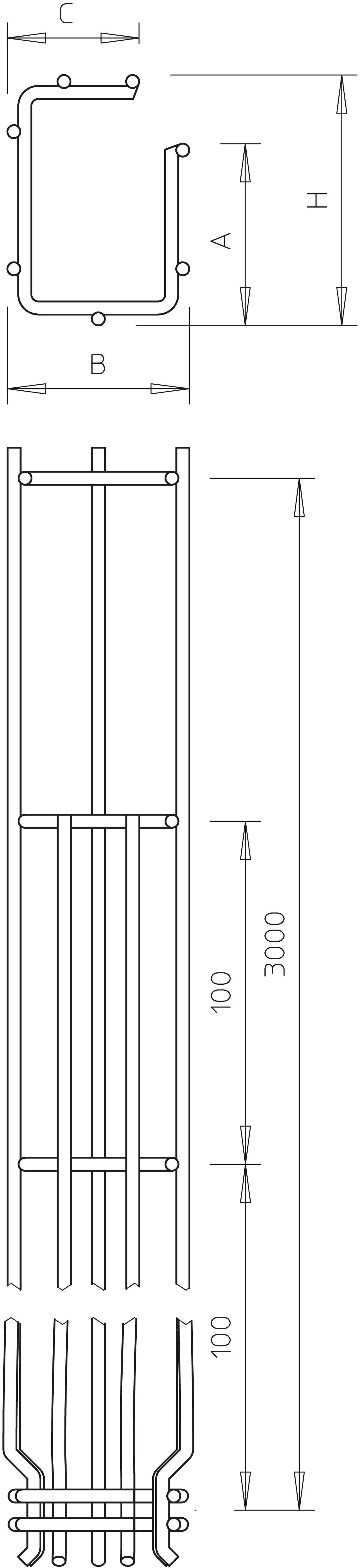 Technische Zeichnung eines Rohrprofils im Querschnitt und in der Seitenansicht. Maße: Höhe 3700 mm, Breite 250 mm, Tiefe 200 mm.