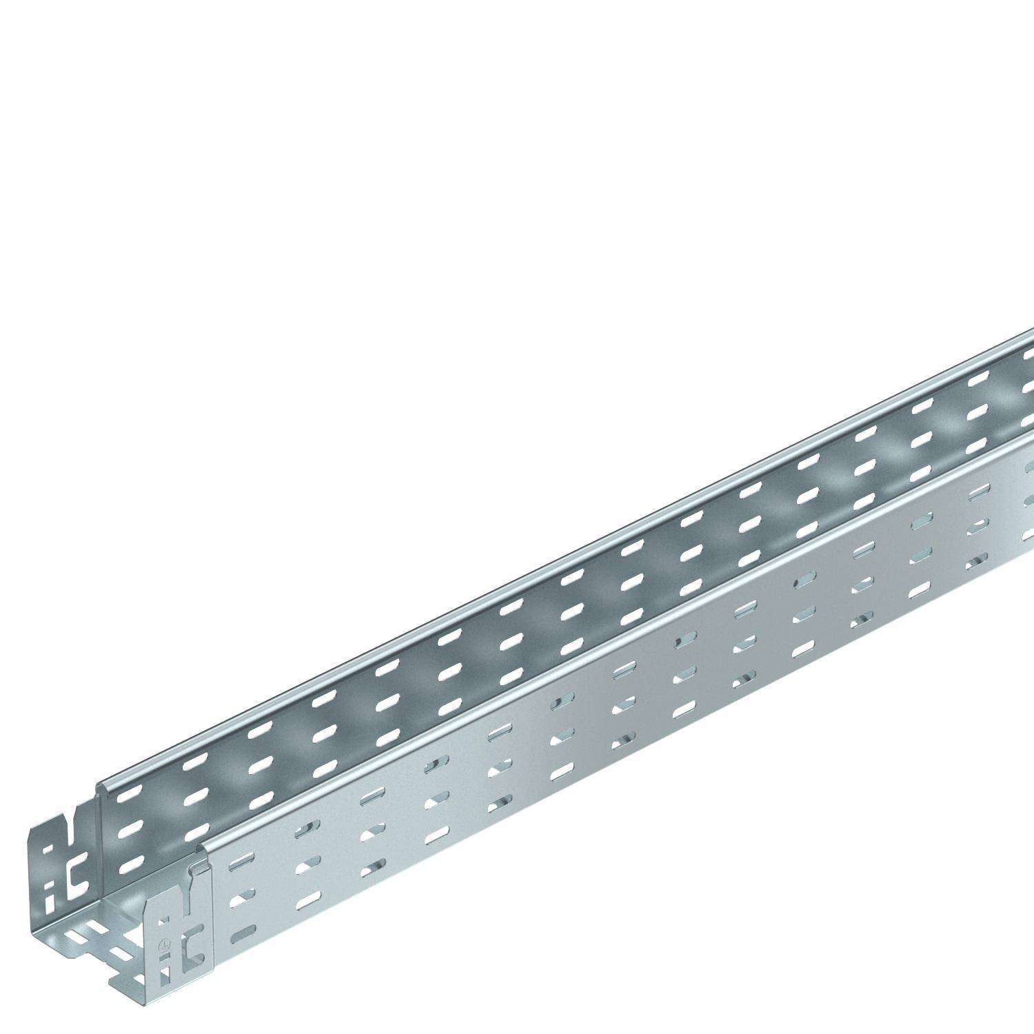 Silberne Metallrinne mit Perforationen, typischerweise für Kabelmanagement in Bauprojekten verwendet.