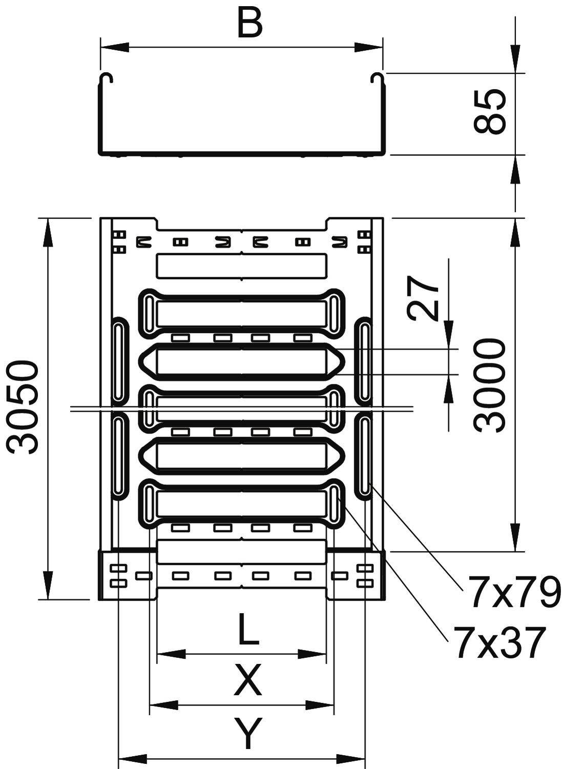 Querschnitt eines Regalsystems mit Maßen: Höhe 3050 mm, Breite B, Tiefe 85 mm, vier Fächer. Weitere Details: L, X, Y, 7x79, 7x37.