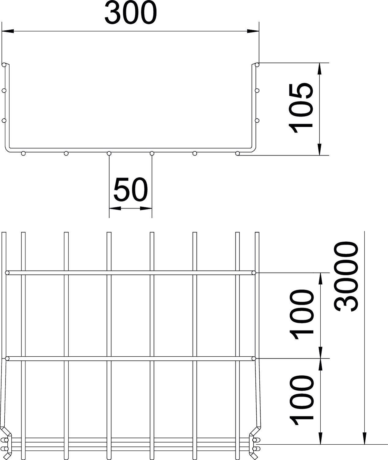 Technische Zeichnung eines Zauns mit Maßen: Höhe 3000, Breite 300, Dicke 105, Abstand zwischen Stangen 100, Sockelhöhe 50.