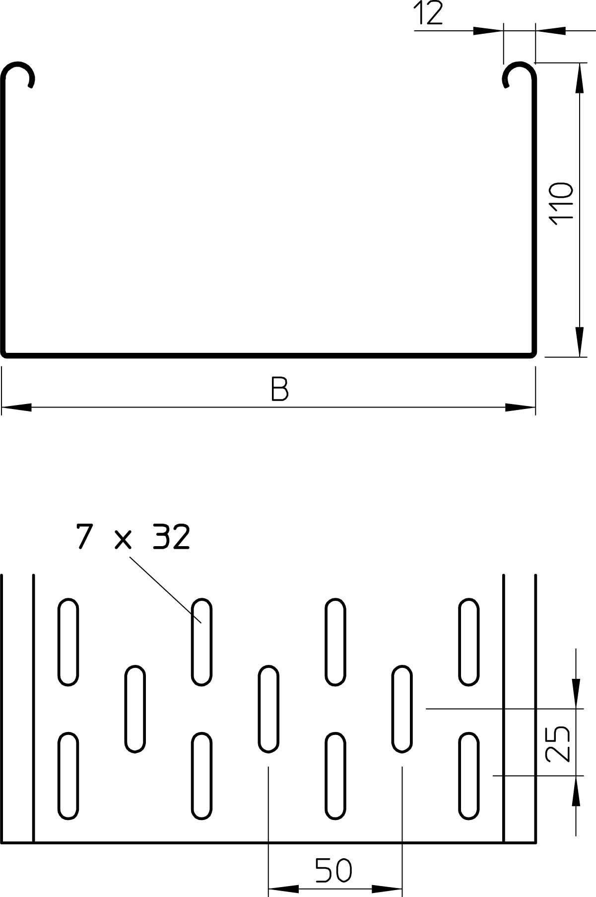 Technische Zeichnung eines Metallprofils mit Maßen: Höhe 110 mm, Breite B, Tiefe 12 mm. Mit fünfzehn Löchern, je 7 x 32 mm, verteilt auf 50 mm Breite.
