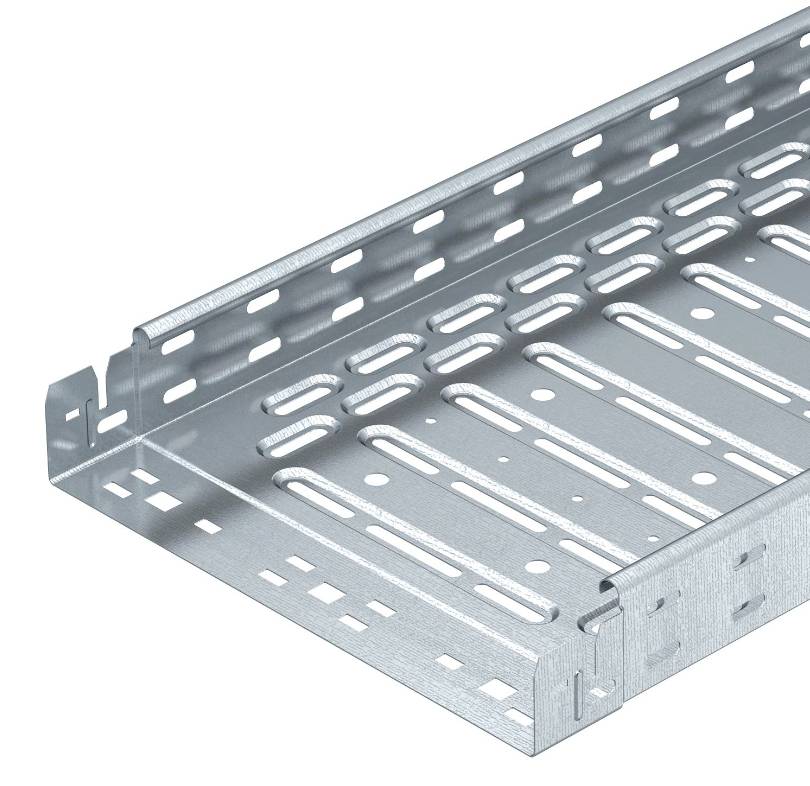 Metallkabelträger in rechteckiger Form mit seitlichen Lüftungsschlitzen. Ideal zur sicheren und organisierten Kabelverlegung.
