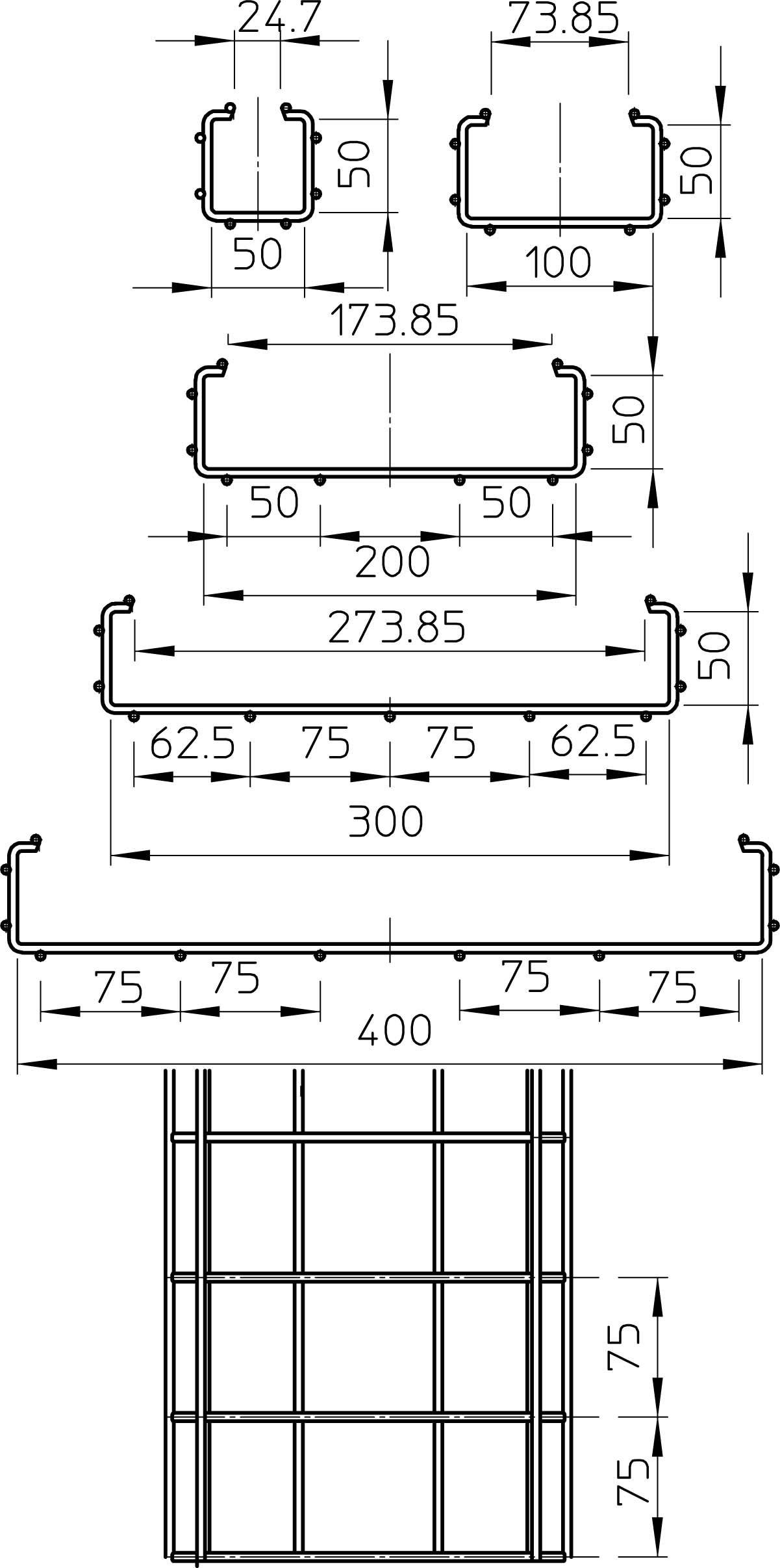 Technische Zeichnung von fünf unterschiedlichen Metallprofilen mit Bemaßungen in Millimetern, darunter ein großes Raster von 400 x 300 mm.