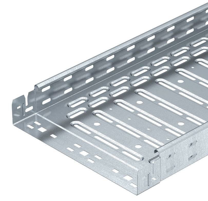 Metallkabelrinne mit perforierten Seiten und Boden zur Kabelorganisation in Gebäuden oder industriellen Umgebungen.