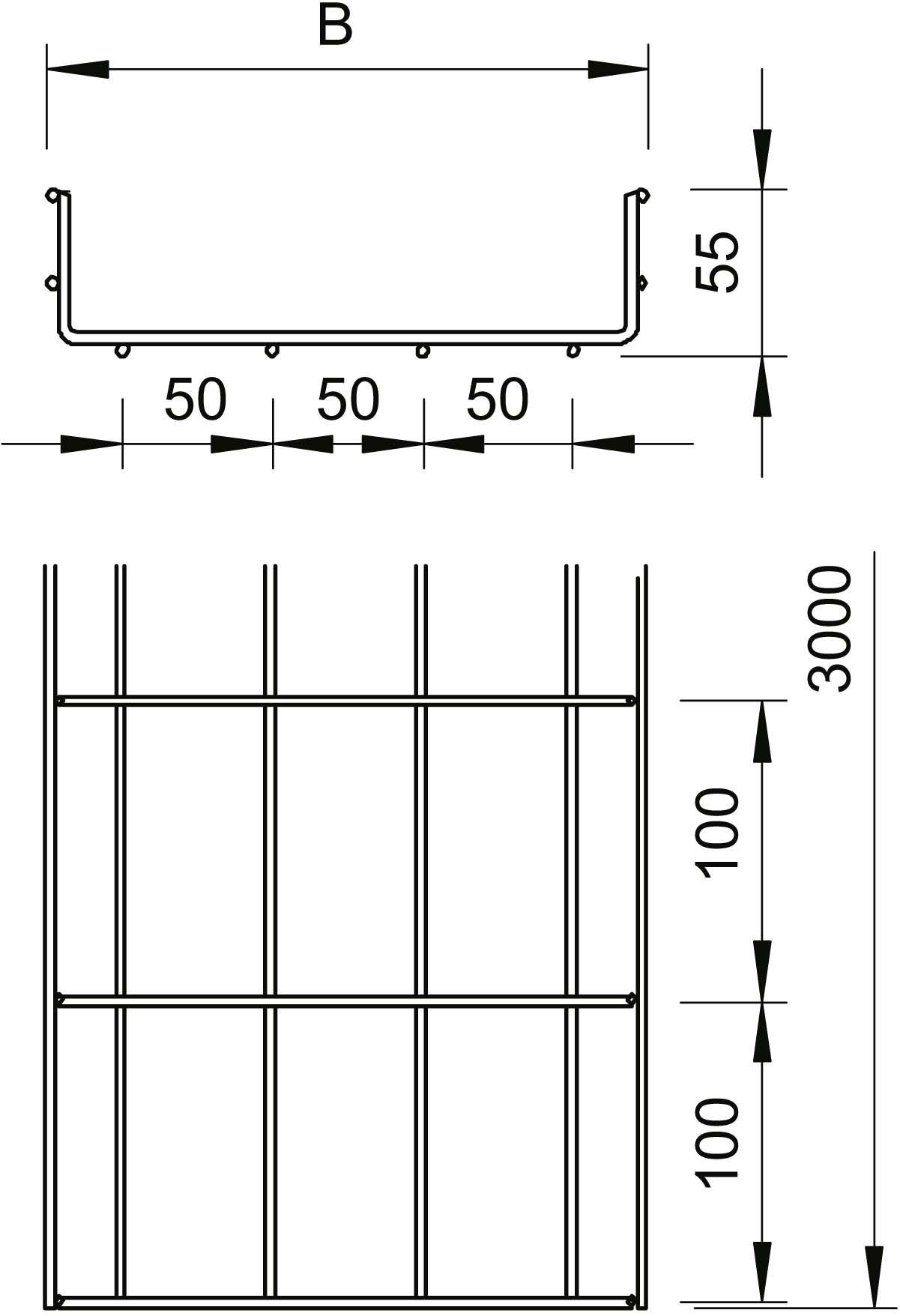 Querschnitt und Vorderansicht eines Regals mit Maßen: Breite 'B', Höhe 3000 mm, Einteilung alle 50 mm horizontal und jede 100 mm vertikal.