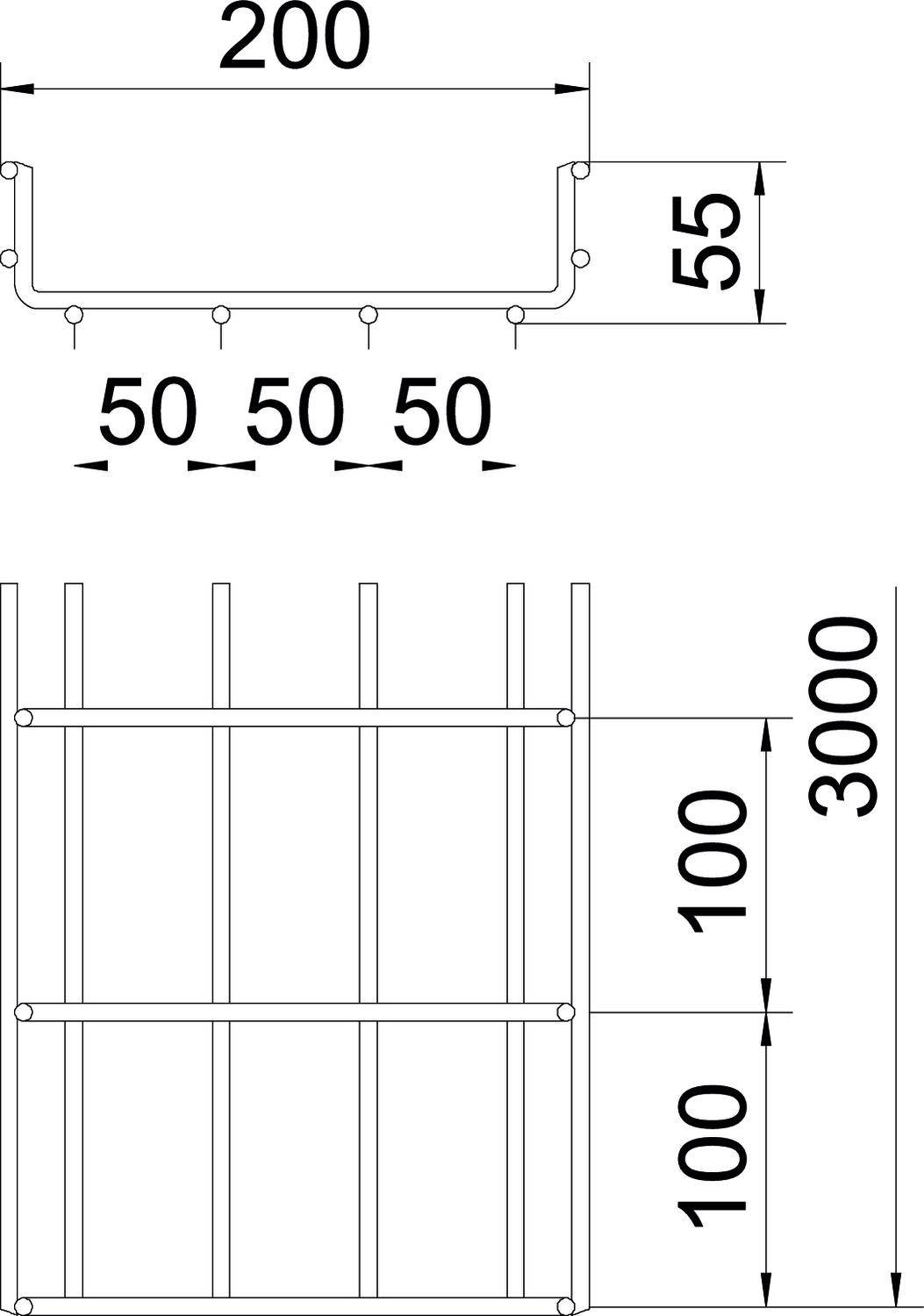 Technische Zeichnung eines Geländers: Oben Querschnitt mit Maßen 200x55, unten Vorderansicht mit vertikalen Stäben 3000x100.
