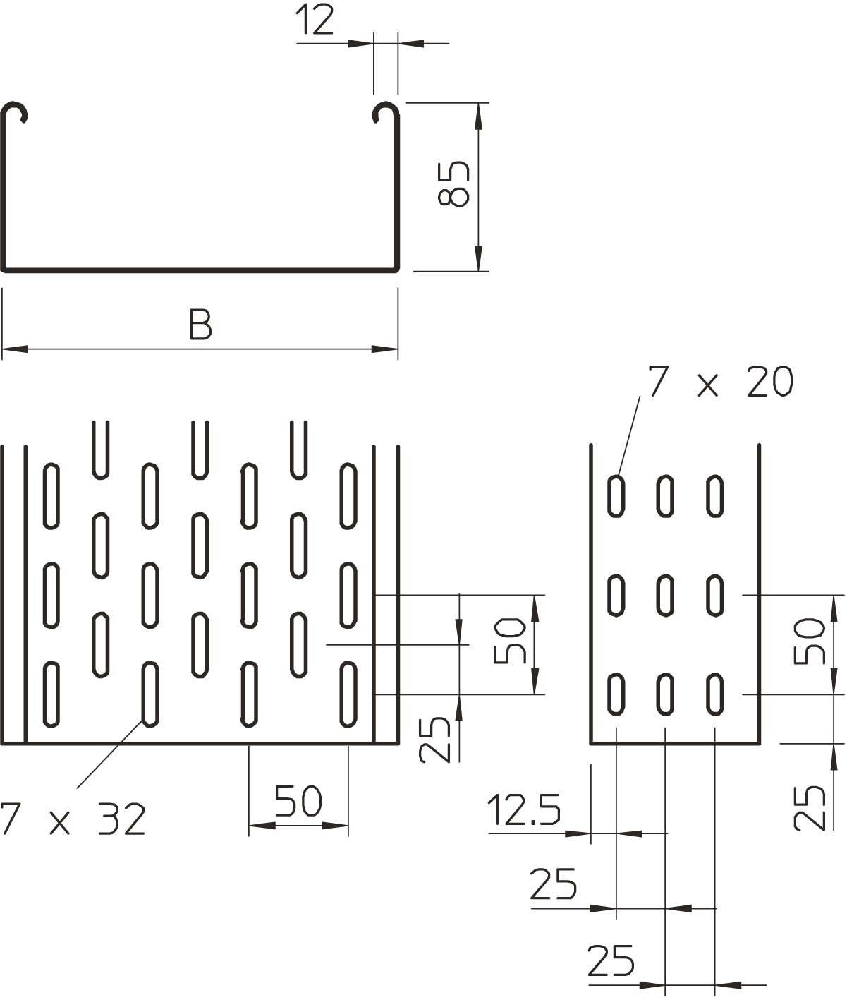 Technische Zeichnung eines Metallprofils mit detaillierten Maßen, Längs- und Querschnittansichten; Längen- und Lochpositionen angegeben.