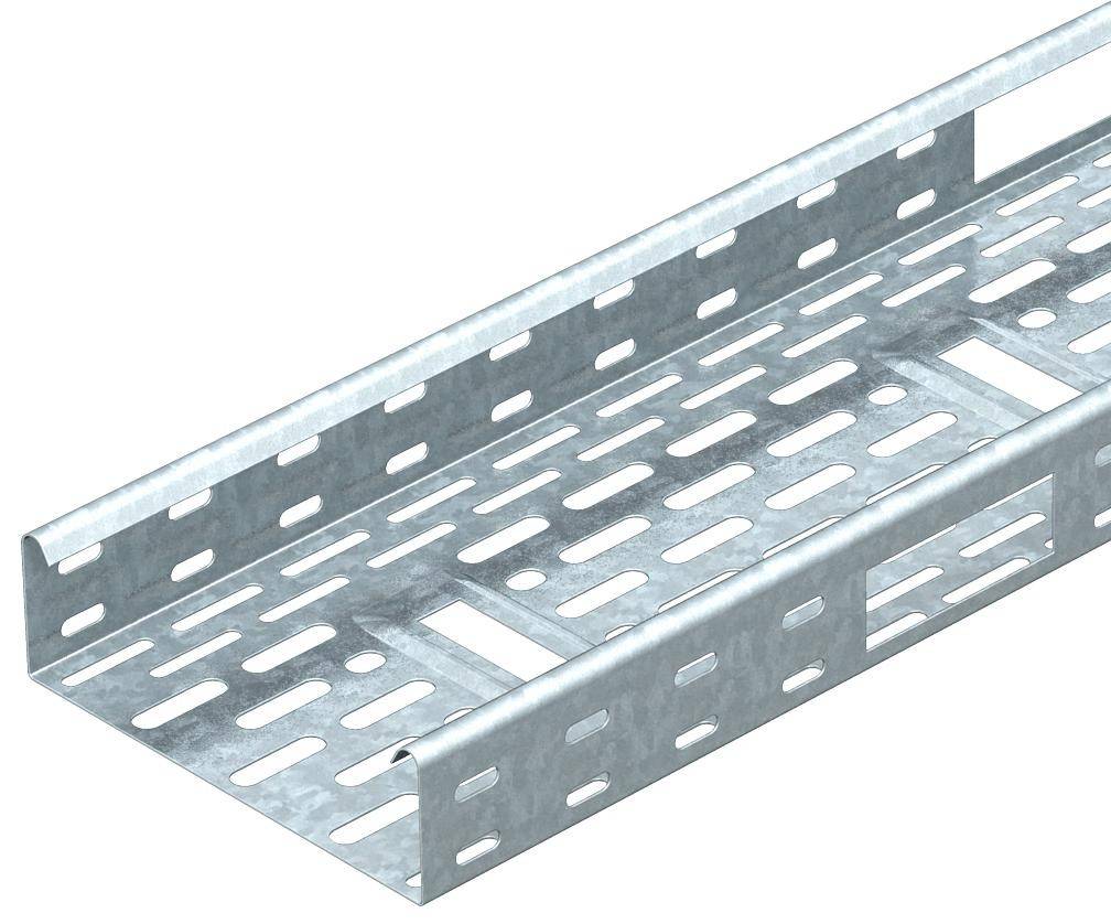 Metallschiene mit rechteckigen Belüftungsschlitzen, geeignet für Kabelmanagement in Bauprojekten. Robust und verzinkt.