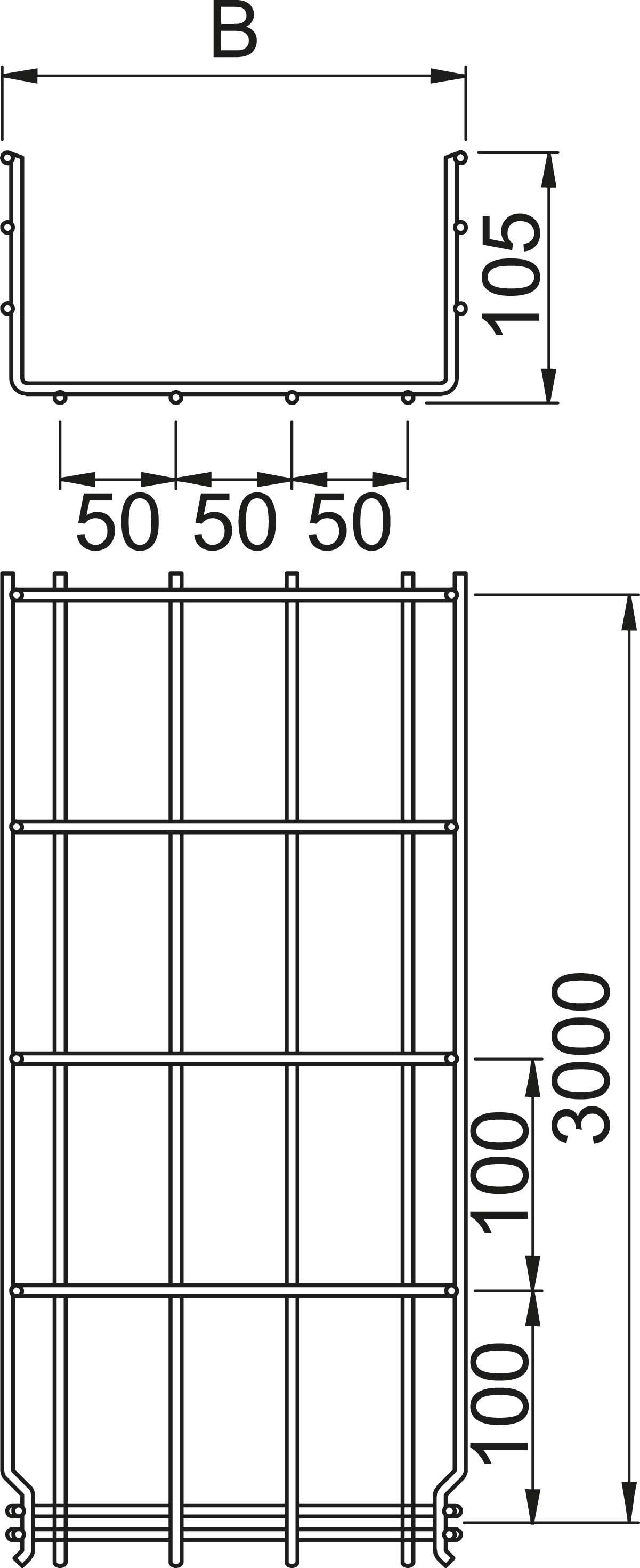 Technische Zeichnung eines rechteckigen Gitters. Oben ist eine Querschnittsansicht, unten eine Frontansicht mit Maßen: Höhe 3000 mm, Breite 'B', Tiefe 105 mm, Raster 50 mm.