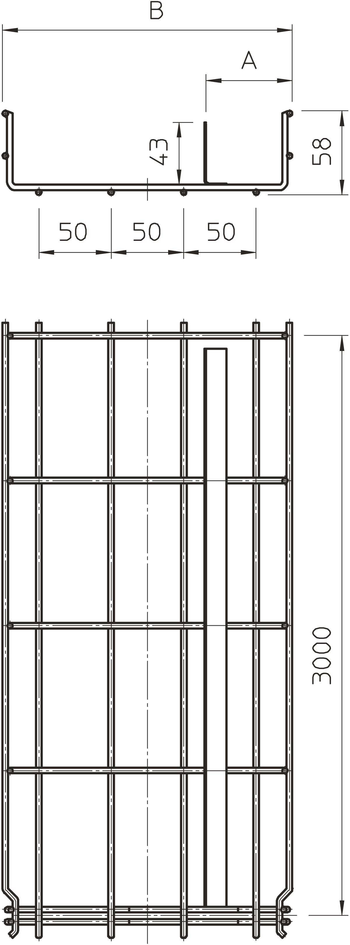 Technische Zeichnung eines Metallgitterzauns mit Maßen: Breite 'B', Höhe 3000 mm. Profile: 58 mm hoch, 43 mm tief, mit 50 mm Abständen.