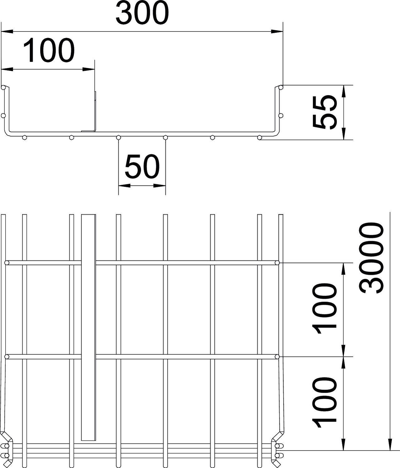 Technische Zeichnung eines Metallgitters mit Bemaßungen. Die Breite beträgt 300 mm, die Höhe 3000 mm, mit regelmäßigen Abständen von 100 mm zwischen den Stangen und einer Tiefe von 50 mm.