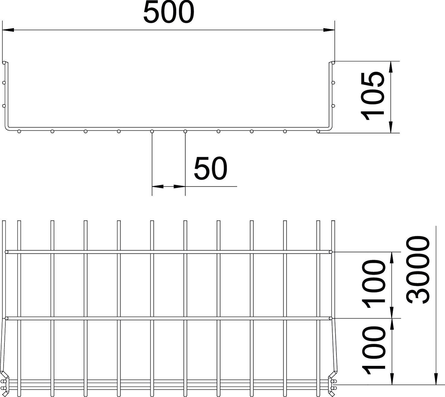 Technische Zeichnung eines Zauns mit Maßen. Oben: horizontale Länge von 500 mm, Höhe 105 mm, Abstand 50 mm. Unten: Höhe 3000 mm, Strebenabstand 100 mm.