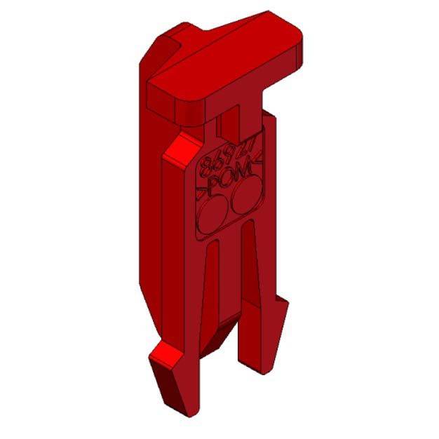 Rote Kunststoff-Verschlussklemme in T-Form, geeignet zum Sichern von Bauteilen. Markierung '555-7 POW' oben eingraviert.