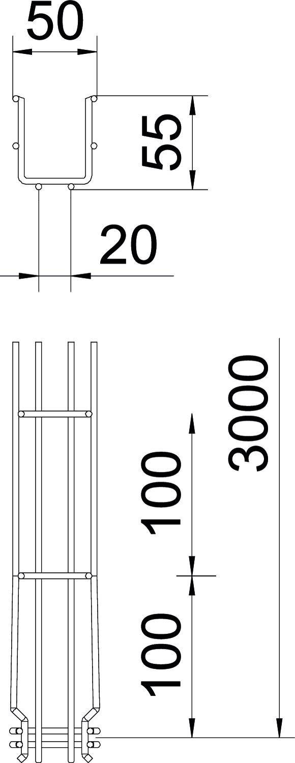 Konstruktionszeichnung eines Stahlträgers mit Maßen: oben 50 mm, seitlich 55 mm, vorne 20 mm. Gesamtlänge 3000 mm, Unterteilung in Abschnitte von 1000 mm.