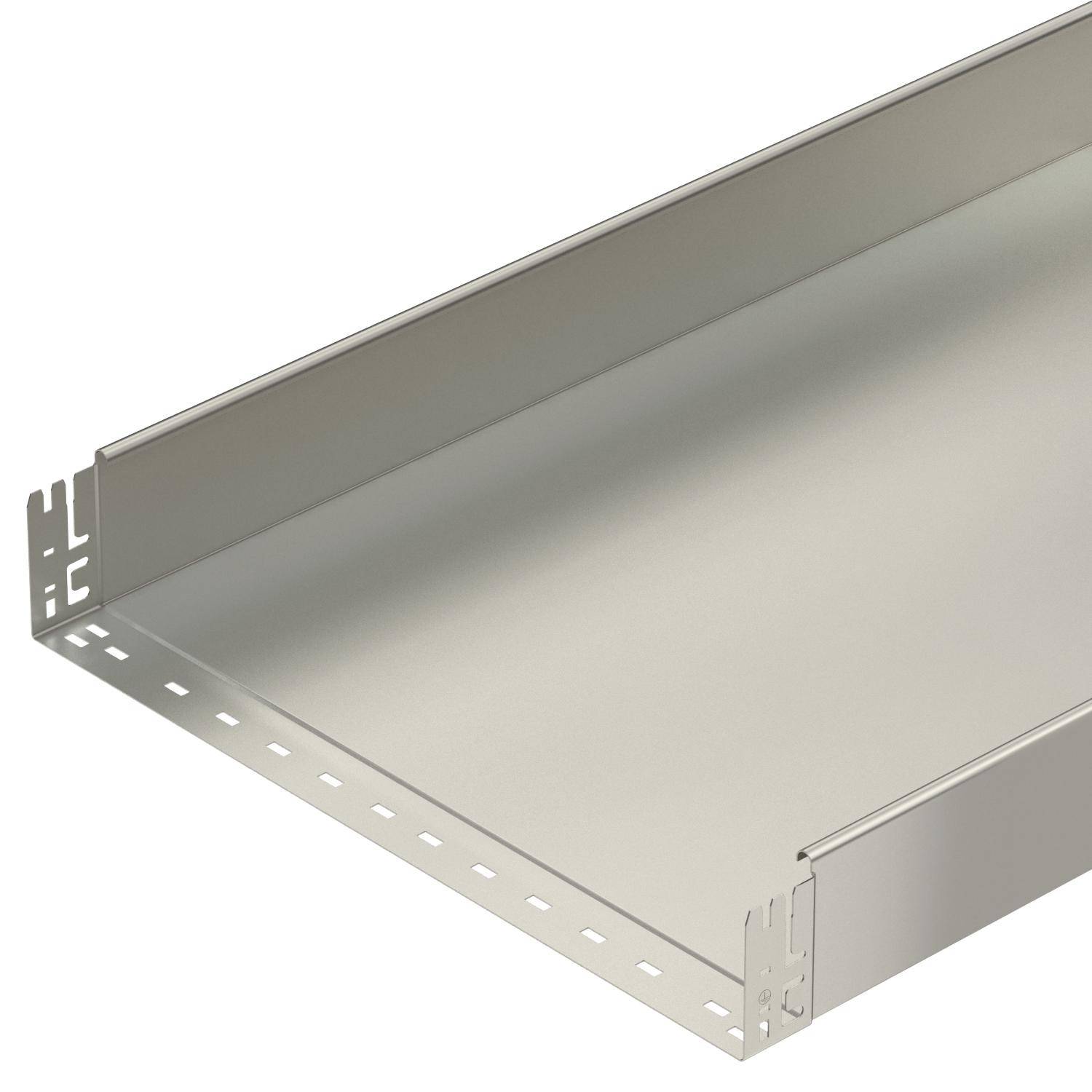 Silberfarbene Kabelrinne aus Metall, rechteckige Form, mit perforierten Seiten zur Montage.