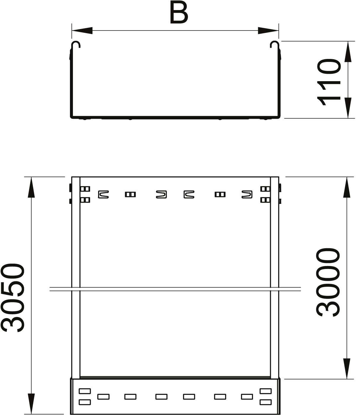 Diagramm zeigt technische Zeichnung eines rechteckigen Objekts. Oben Breite 'B' bei 110 mm, seitliche Tiefe 3050 mm, Höhe 3000 mm.