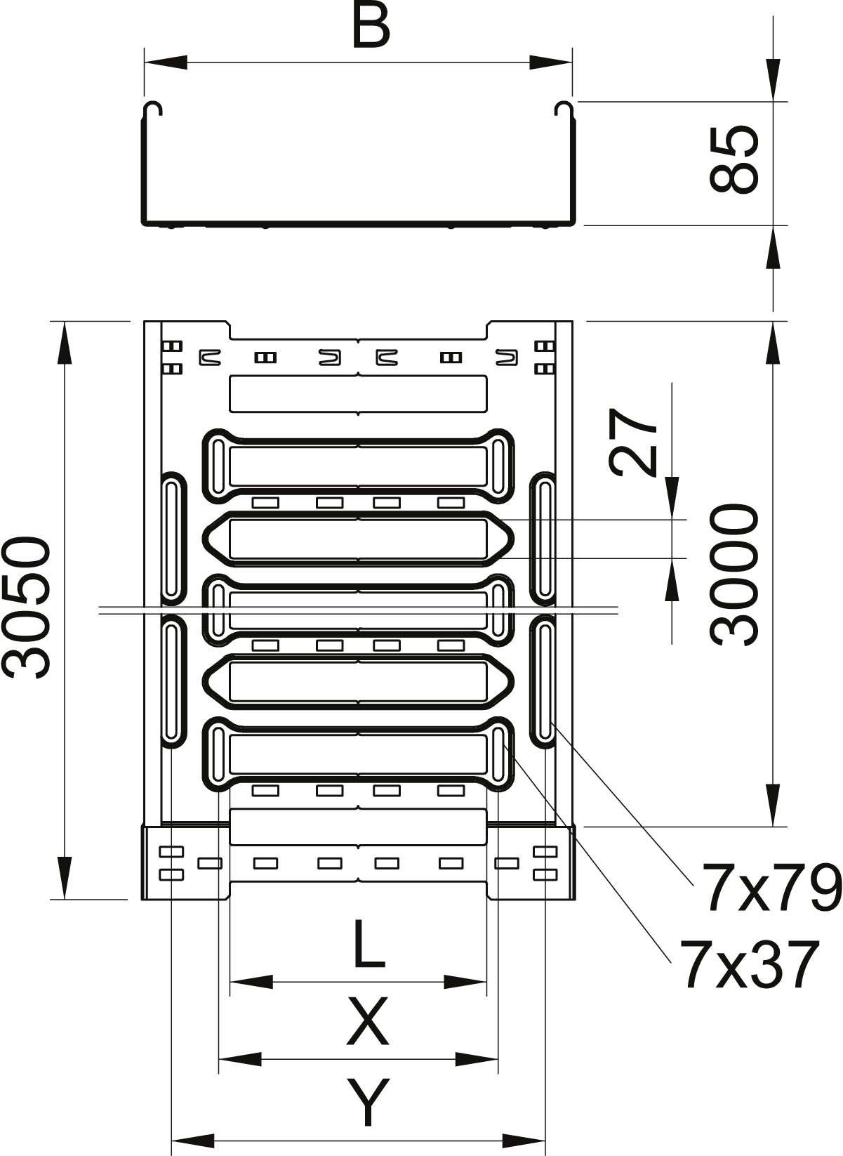 Bauzeichnung eines Regals mit Maßen: Höhe 3050 mm, Breite 'B', Tiefe 85 mm. Vier horizontale Regalebenen. Maße: L, X, Y.
