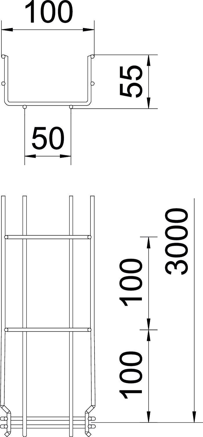 Technische Zeichnung eines Leiterquerschnitts mit Maßen: 100mm Breite, 50mm Tiefe, 55mm Abstand. Gesamtleiterhöhe: 3000mm mit 100mm Sprossenabstand.