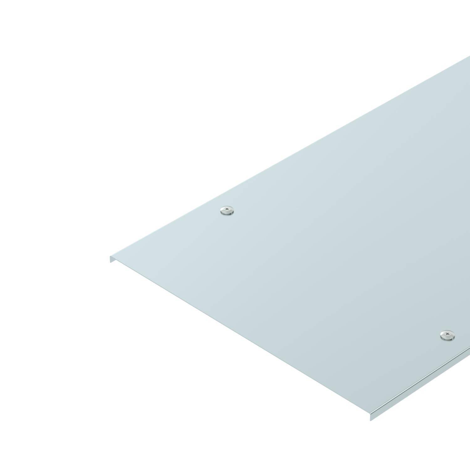 Eine rechteckige, transparente Glasplatte mit abgerundeten Ecken und vier kleinen Schrauben an den Ecken.