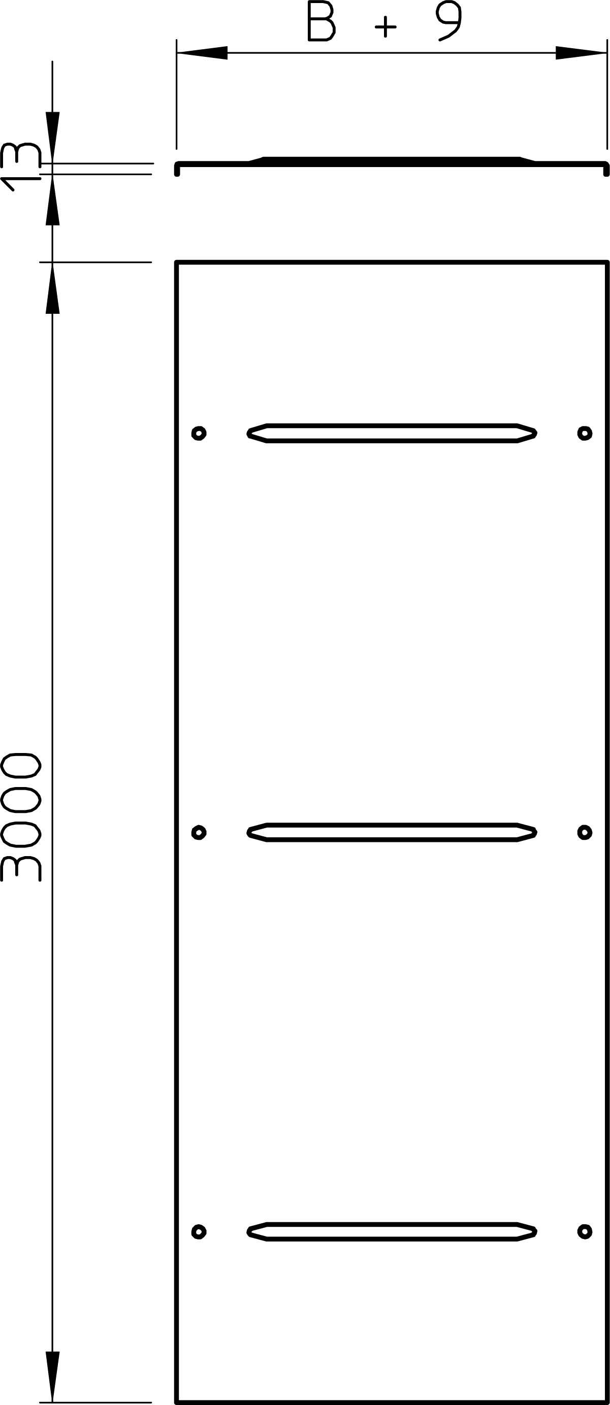 Technische Zeichnung eines rechteckigen Bauteils mit drei Öffnungen. Maße: Höhe 3000 mm, Breite 'B + 9' mm, Abstand oben 13 mm.