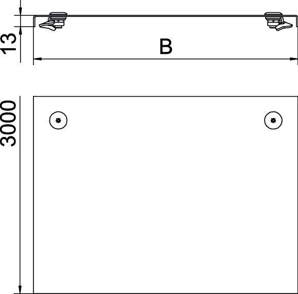 Technische Zeichnung: Rechteckige Platte, Breite 'B', Höhe 3000 mm, Abstand von oben 13 mm, mit zwei Befestigungsschrauben.