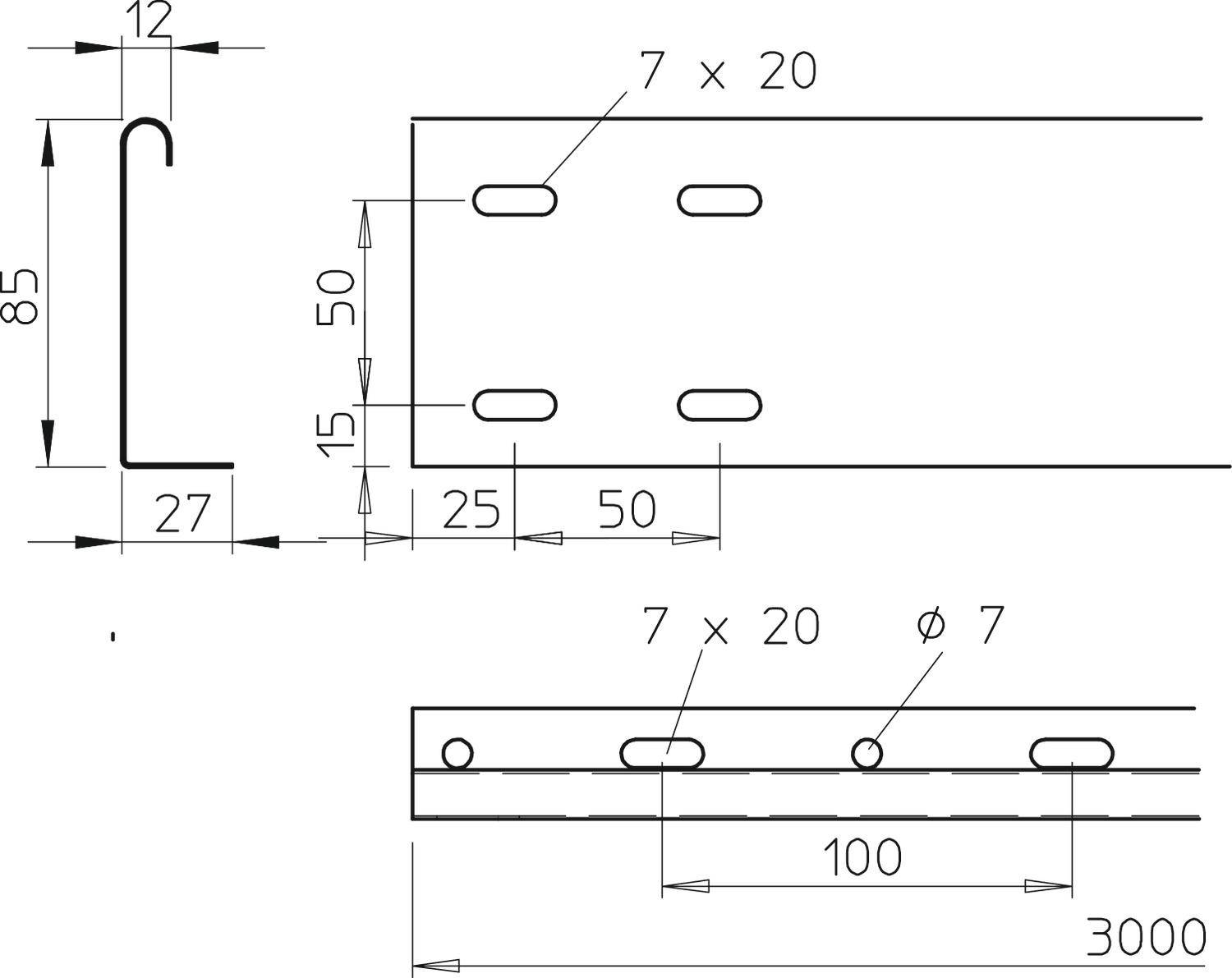 Technische Zeichnung eines Metallprofils mit Bemaßungen. Länge 3000 mm, Höhe 85 mm, Breite 27 mm, mit Lochmustern 7 x 20 mm.
