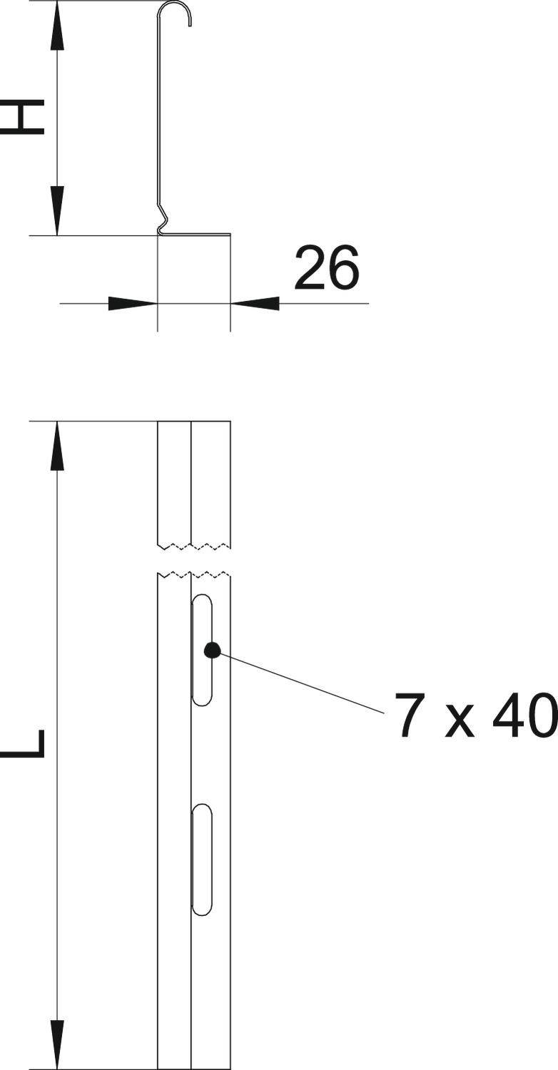 Diagramm zur Darstellung eines Metallhakens mit Maßen: Breite 26 mm; Länge 7 x 40 mm.