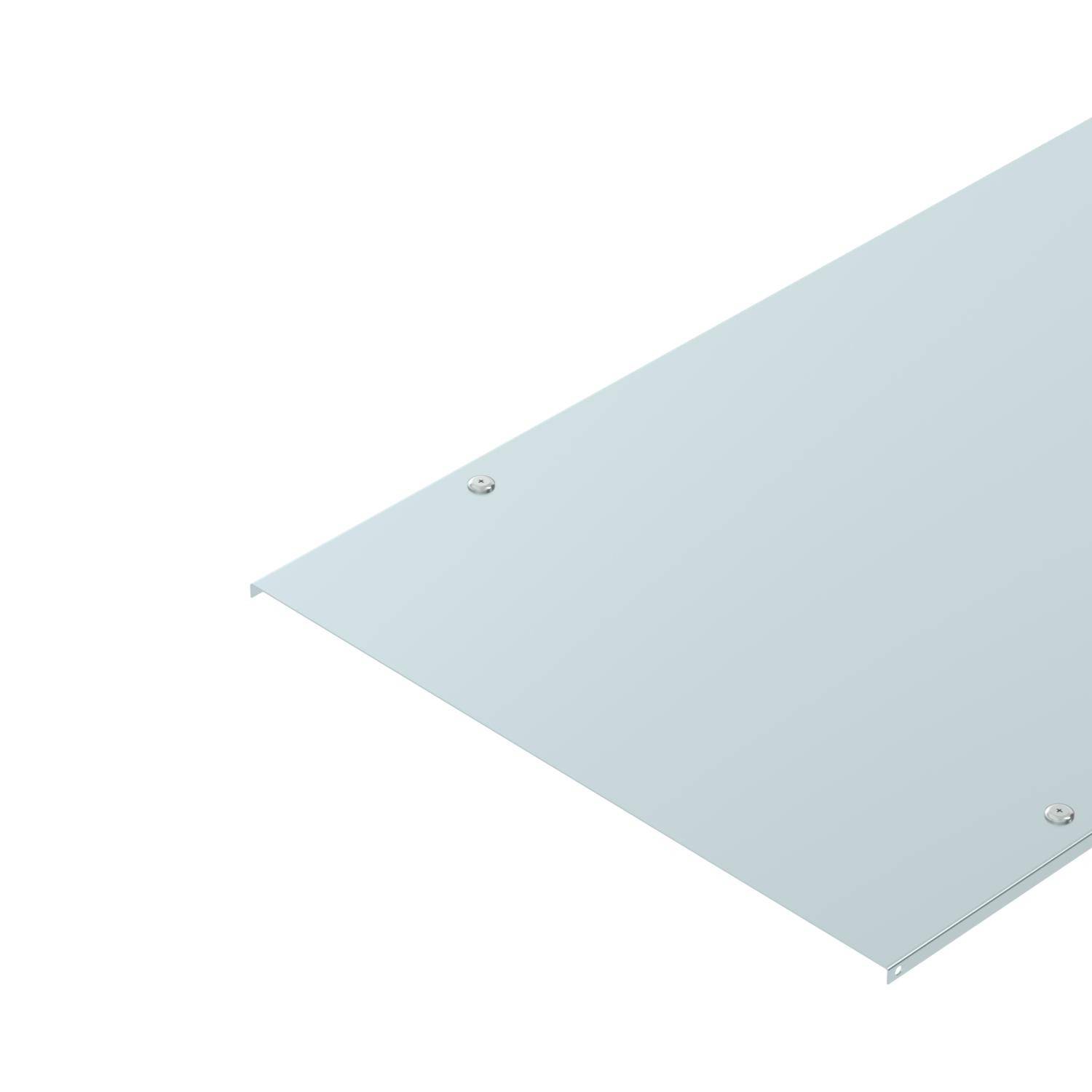 Ein rechteckiges, flaches, transparentes Glasstück mit abgerundeten Ecken und vier Schraublöchern.