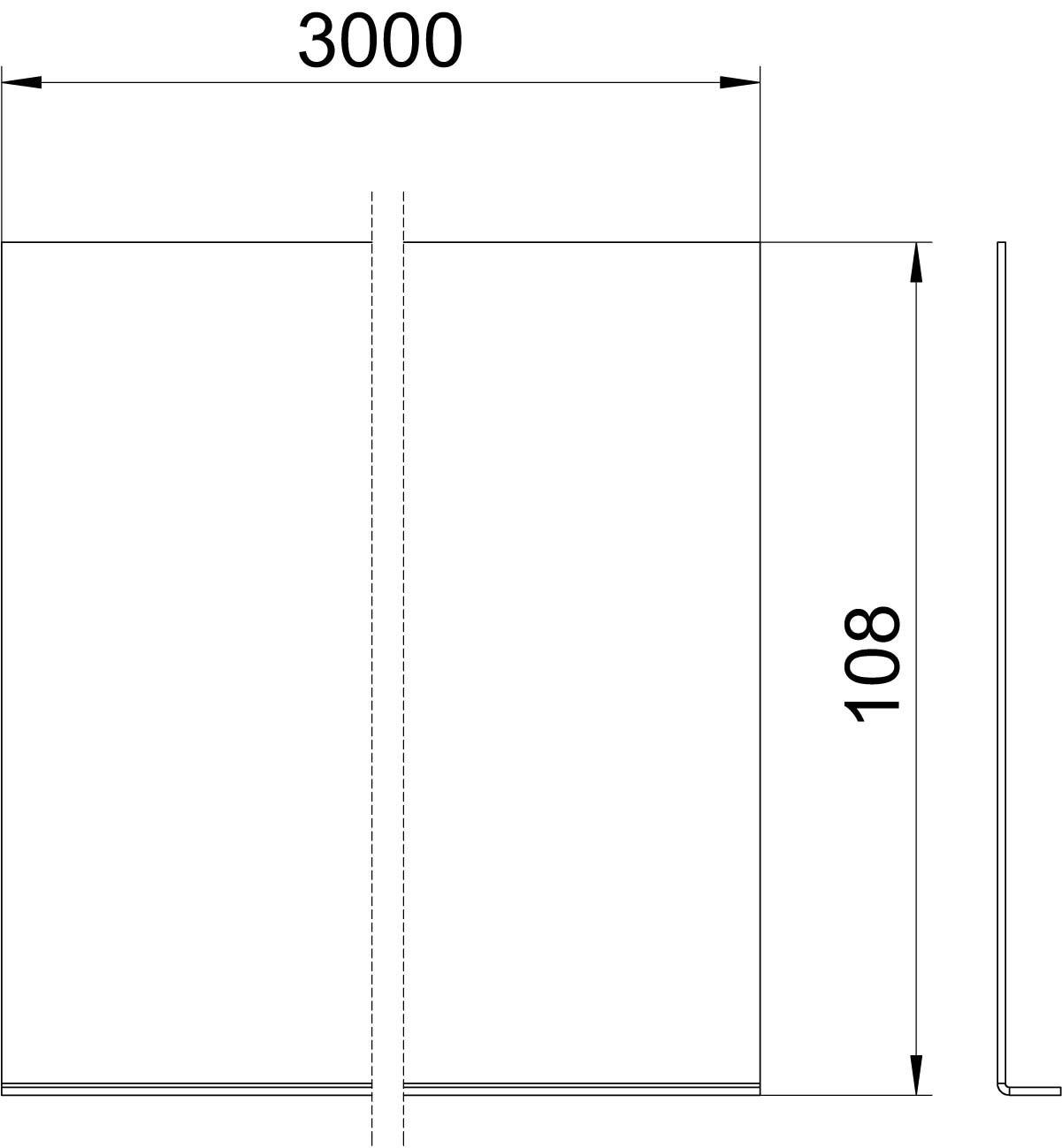 Bauplan einer Metallplatte mit den Maßen 3000 mm Länge und 108 mm Breite, Draufsicht und Seitenansicht mit Maßangaben.