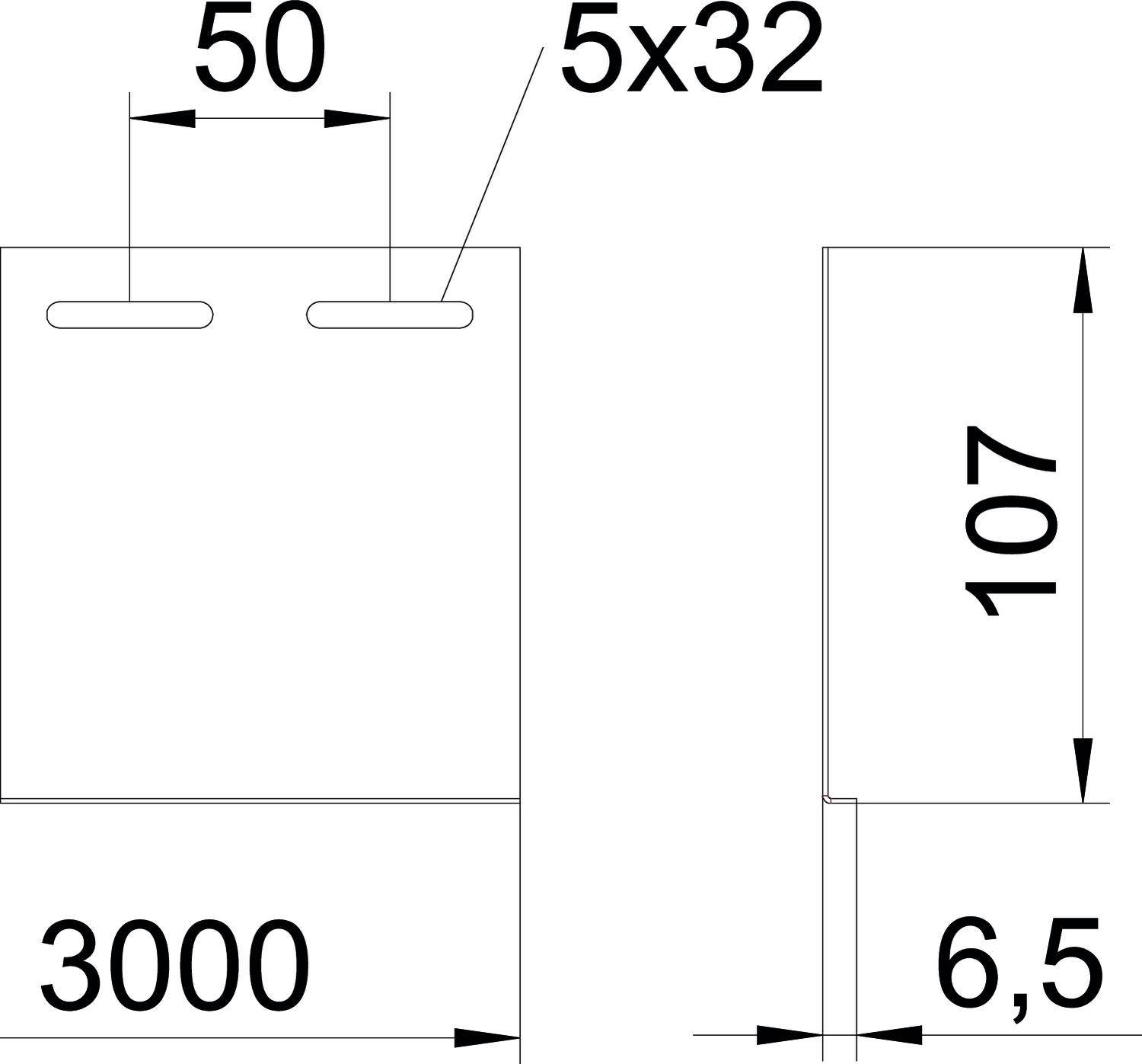 Technische Zeichnung eines rechteckigen Objekts mit Maßen: Länge 3000 mm, Breite 50 mm, Höhe 107 mm, Stärke 6,5 mm, zwei Schlitze à 5x32 mm.