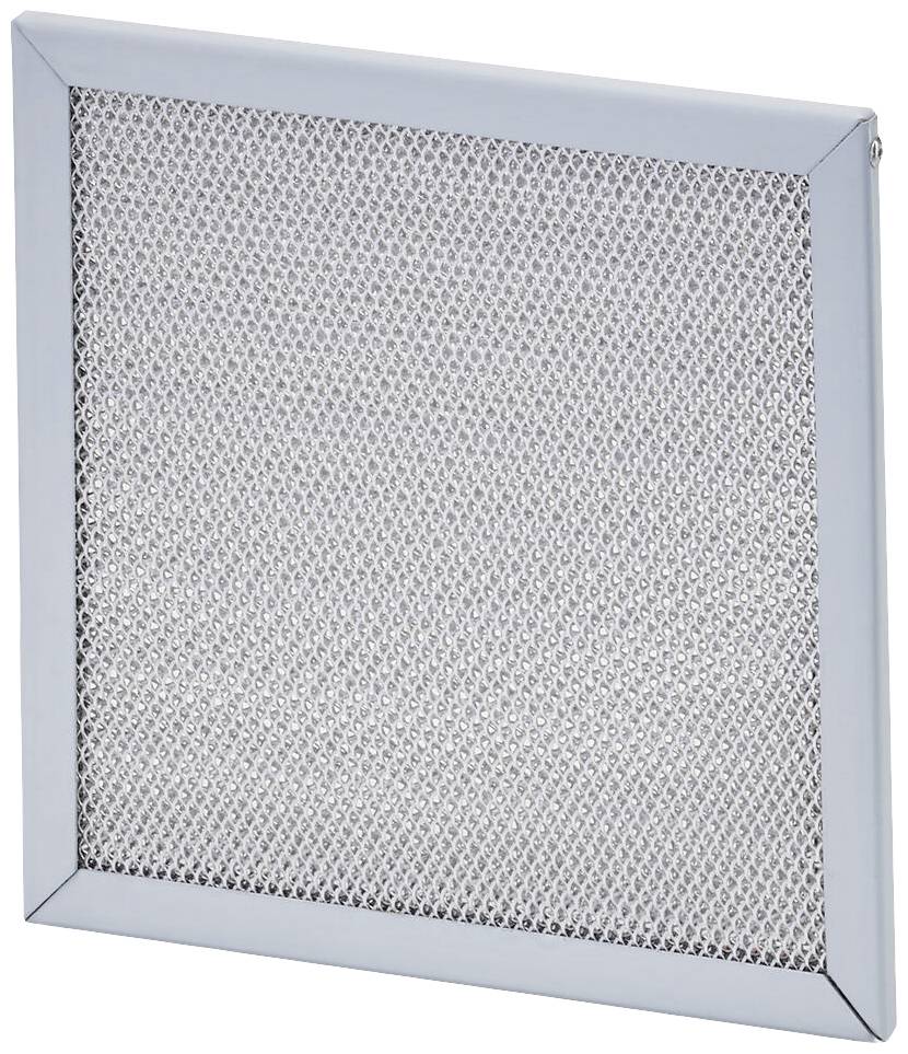 Ein silberner Metallfilter mit einem rechteckigen Rahmen, meist verwendet in Belüftungs- oder Abzugssystemen.