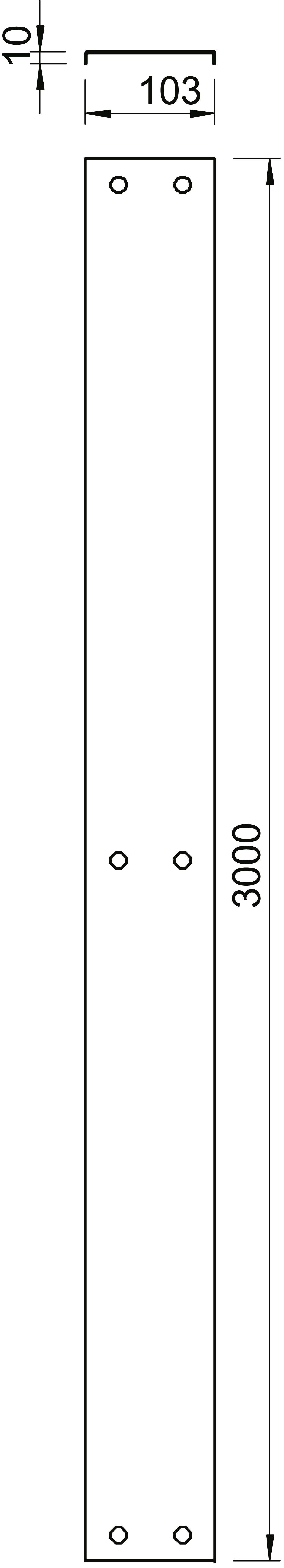 Technische Zeichnung eines Metallstreifens mit den Maßen 3000 x 103 mm. Sechs Bohrlöcher sind gleichmäßig verteilt.