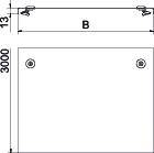 Technische Zeichnung: Rechteckige Platte, Größe 3000 x B mm, 13 mm dick, mit zwei Bohrungen oben.