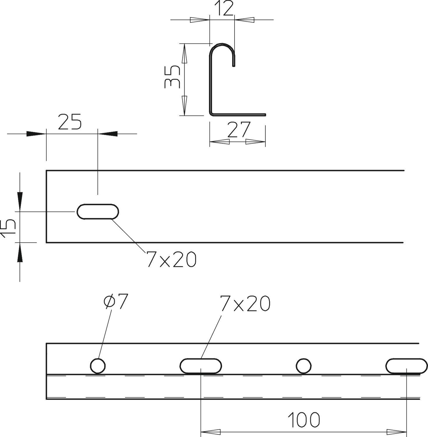 Technische Zeichnung einer Metallbefestigung mit Abmessungen. Oben: L-förmiger Schnitt mit Maßen 12, 35 und 27 mm. Unten: Rechteckiger Streifen, Maße 25, 100 mm, Lochgrößen 7x20 und Durchmesser 7 mm.