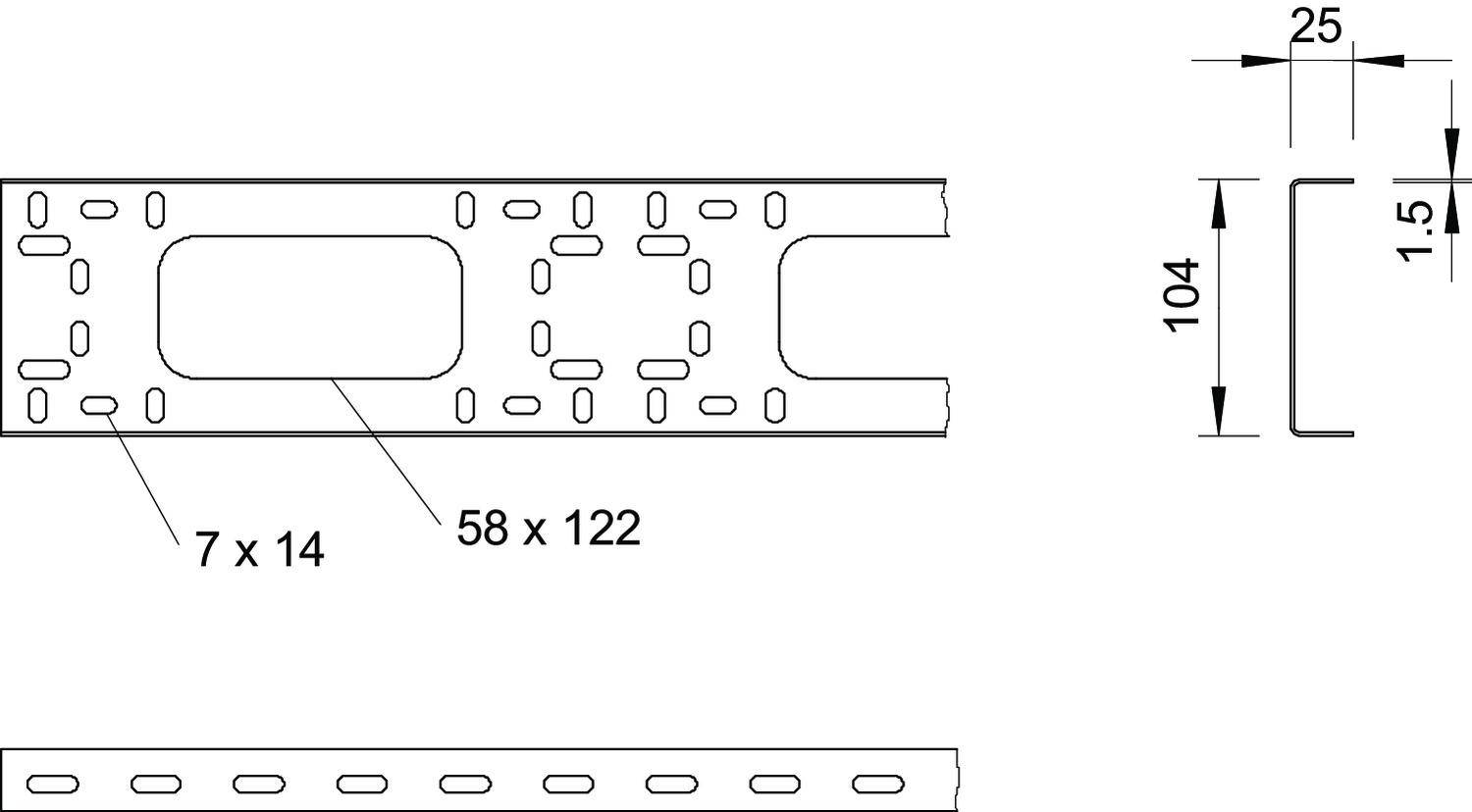 Technische Zeichnung eines Metallkanals mit den Maßen: Länge 58 x 122 mm, Öffnungen 7 x 14 mm, Profilhöhe 104 mm, Breite 25 mm.