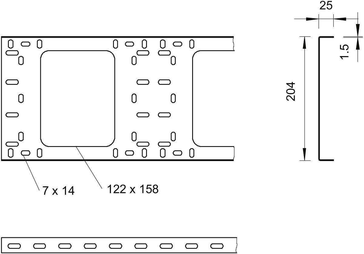 Diagramm eines Metallprofils mit genauen Abmessungen: Höhe 204 mm, Breite 122 mm, mit Löchern 7 x 14 mm und 25 mm Tiefe.