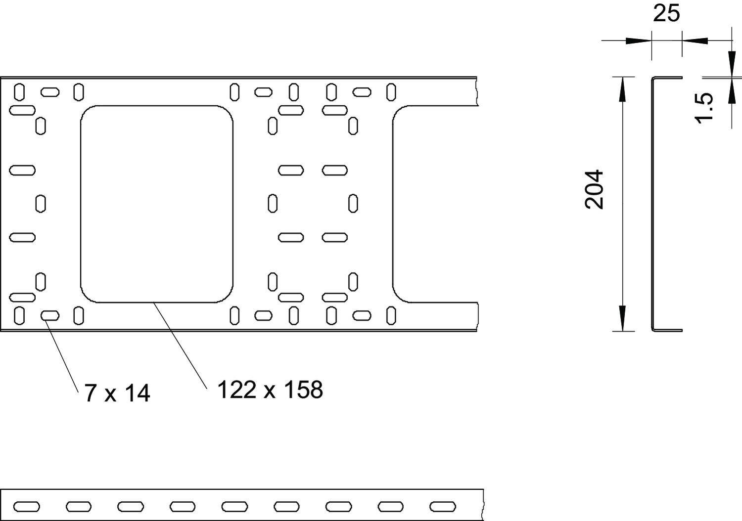 Technische Zeichnung eines Metallträgers mit Maßen: Höhe 204 mm, Breite der Kanten 25 mm, Materialdicke 1,5 mm. Lochmuster 7 x 14 mm, größerer Ausschnitt 122 x 158 mm.