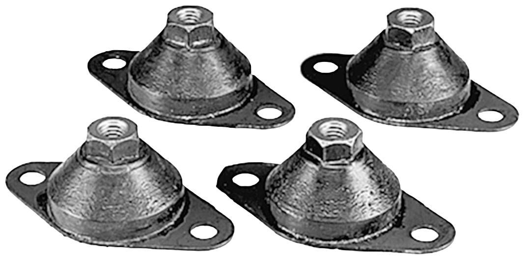 Vier Metallkegel mit Gewindebuchsen und Montageplatten, in symmetrischer Anordnung.