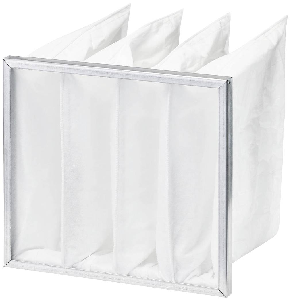 Ein weißer Taschenfilter mit vier Kammern, eingefasst in einem rechteckigen Metallrahmen. Wird in Lüftungsanlagen verwendet.