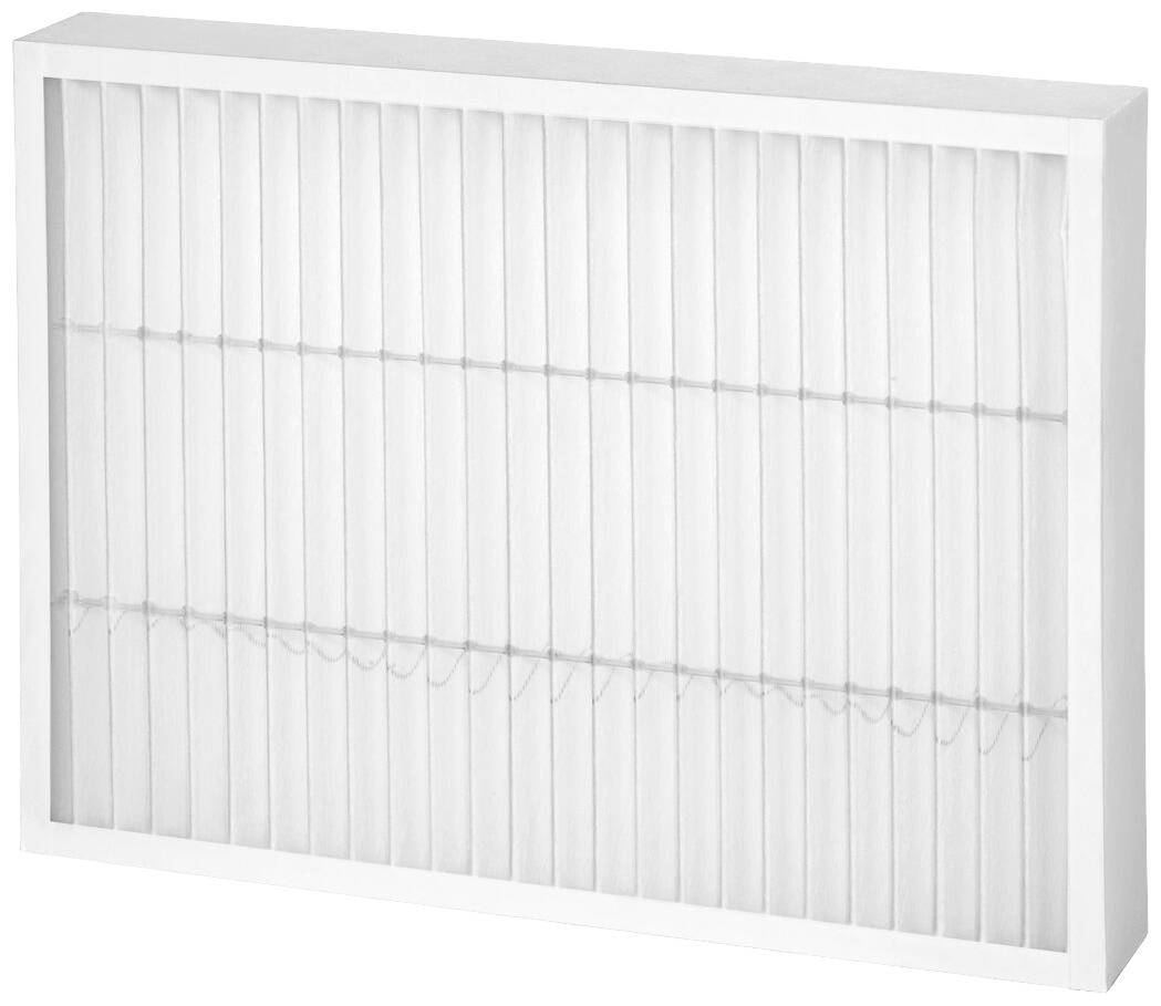 Ein rechteckiger, weißer Luftfilter mit gefaltetem Papierdesign, in einem weißen Rahmen. Verwendet zur Reinigung von Luft in HVAC-Systemen.