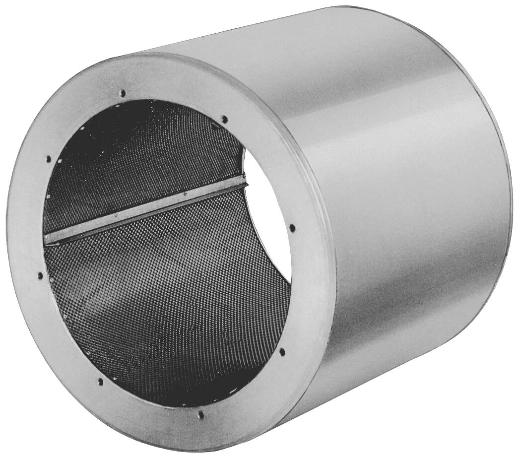 Große, zylindrische Metalltrommel mit perforierten Löchern, zur industriellen Verarbeitung von Materialien, ohne sichtbare Mechanismen.