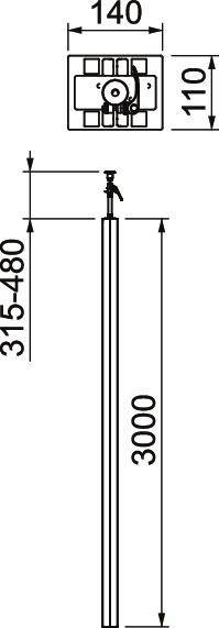 Technische Zeichnung eines verstellbaren Stativs mit einer Gesamtgröße von 3000 mm und einer Basis von 140 x 110 mm.