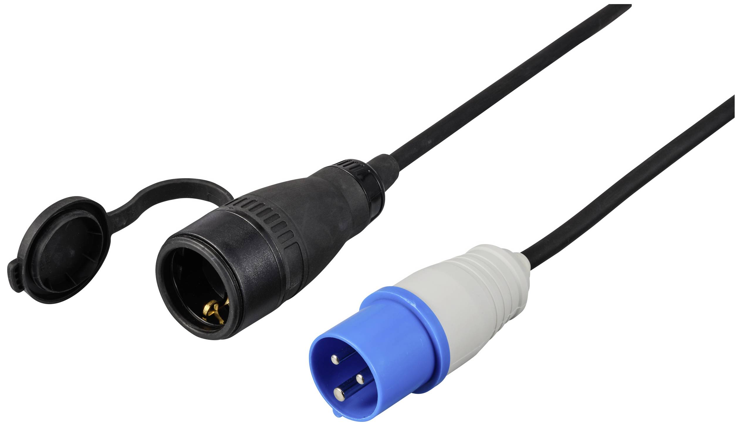 Schwarzes Kabel mit blauer und schwarzer Steckverbindung. Kunststoffabdeckungen und elektrische Anschlüsse sichtbar.